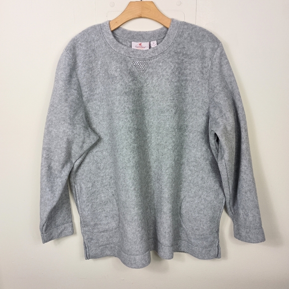 Quacker Factory Womens Fleece Sweater XL Gray Rhinestone Crew Sweatshirt Pockets - Picture 1 of 9